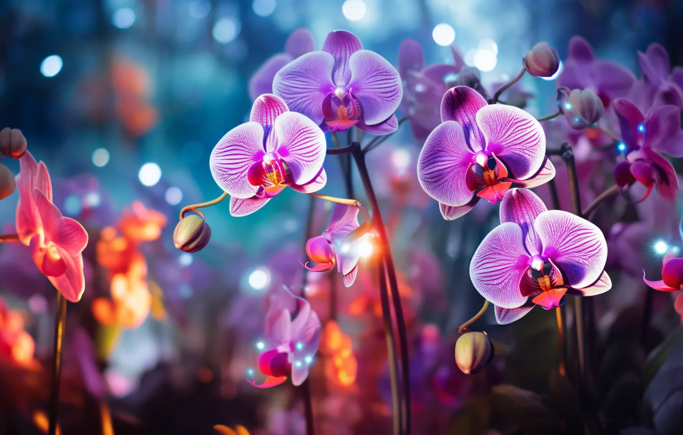 Photo wallpaper flowers, Orchid, lilac, bokeh, AI art, neural network