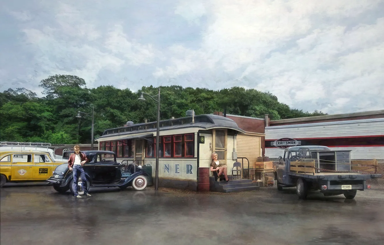 Photo wallpaper street, town, car, Marilyn Monroe, James Dean