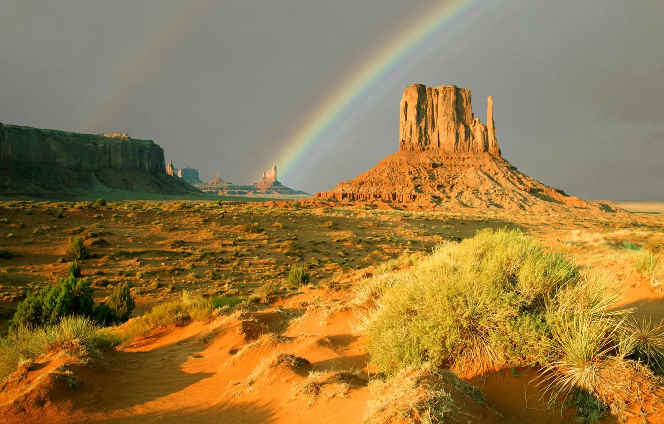Photo wallpaper the sky, rocks, desert, rainbow, canyon