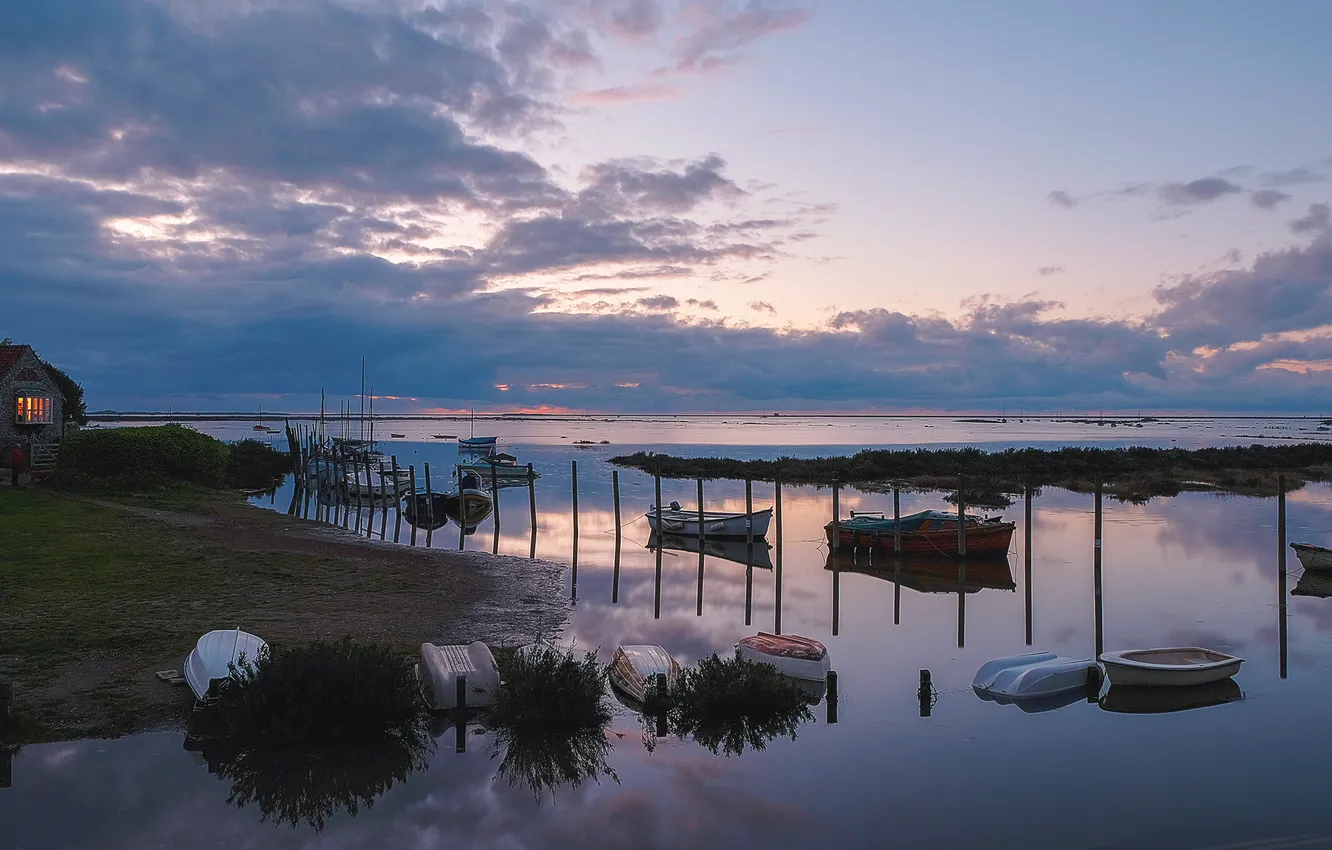 Photo wallpaper shore, boat, pond