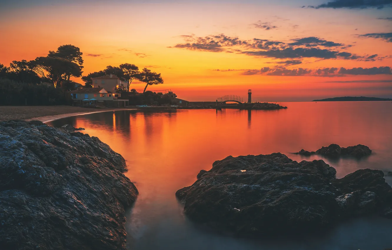 Photo wallpaper sea, the sun, sunset, rocks, shore, lighthouse, home