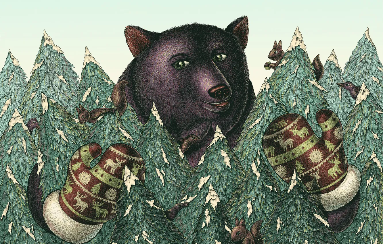 Photo wallpaper tree, bear, protein, crows, mittens