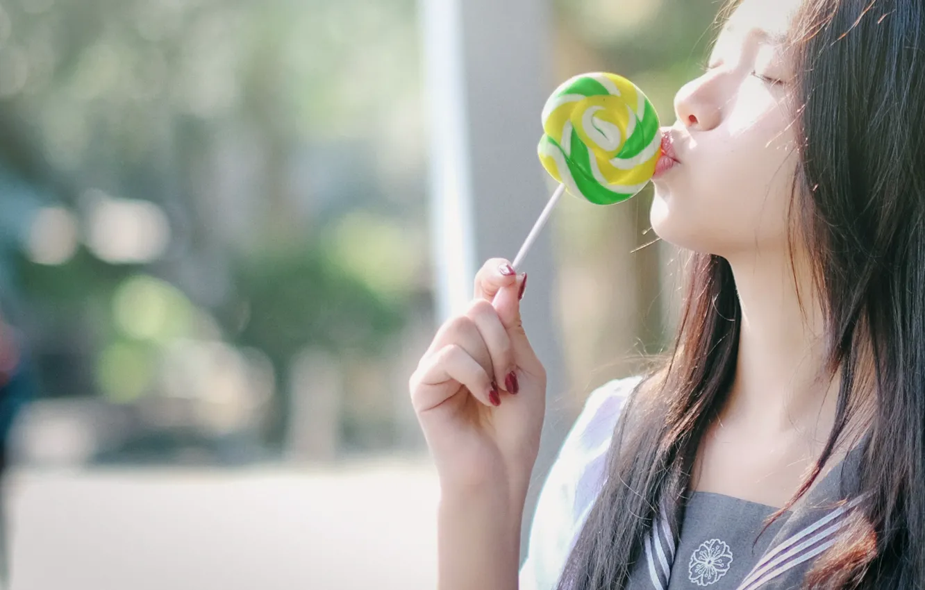 Photo wallpaper face, lips, lollipops, profile, cutie