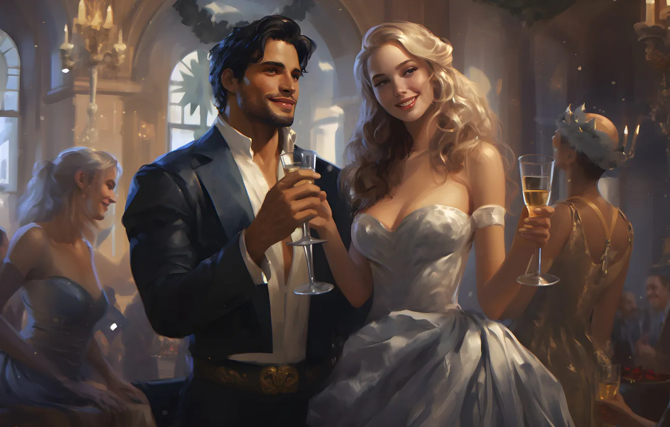 Photo wallpaper girl, smile, glass, people, new year, Christmas, male, digital art