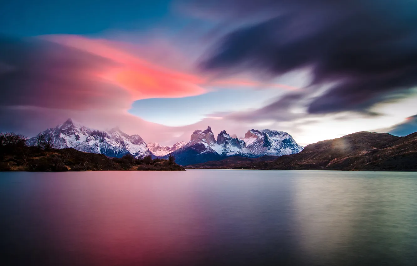 Photo wallpaper landscape, sunset, mountains, lake