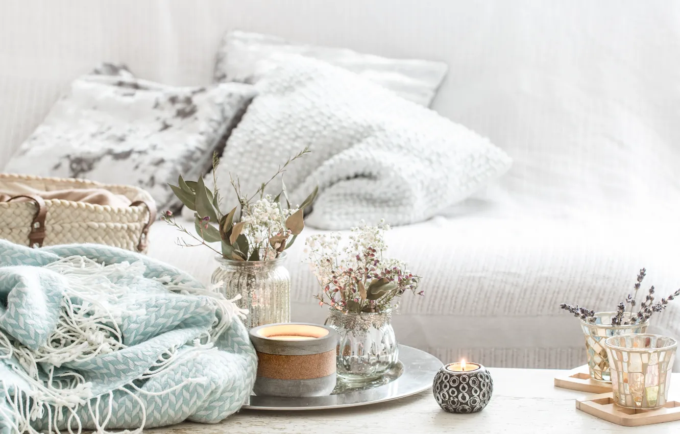 Photo wallpaper flowers, comfort, stay, relax, home, towel, pillow, candles