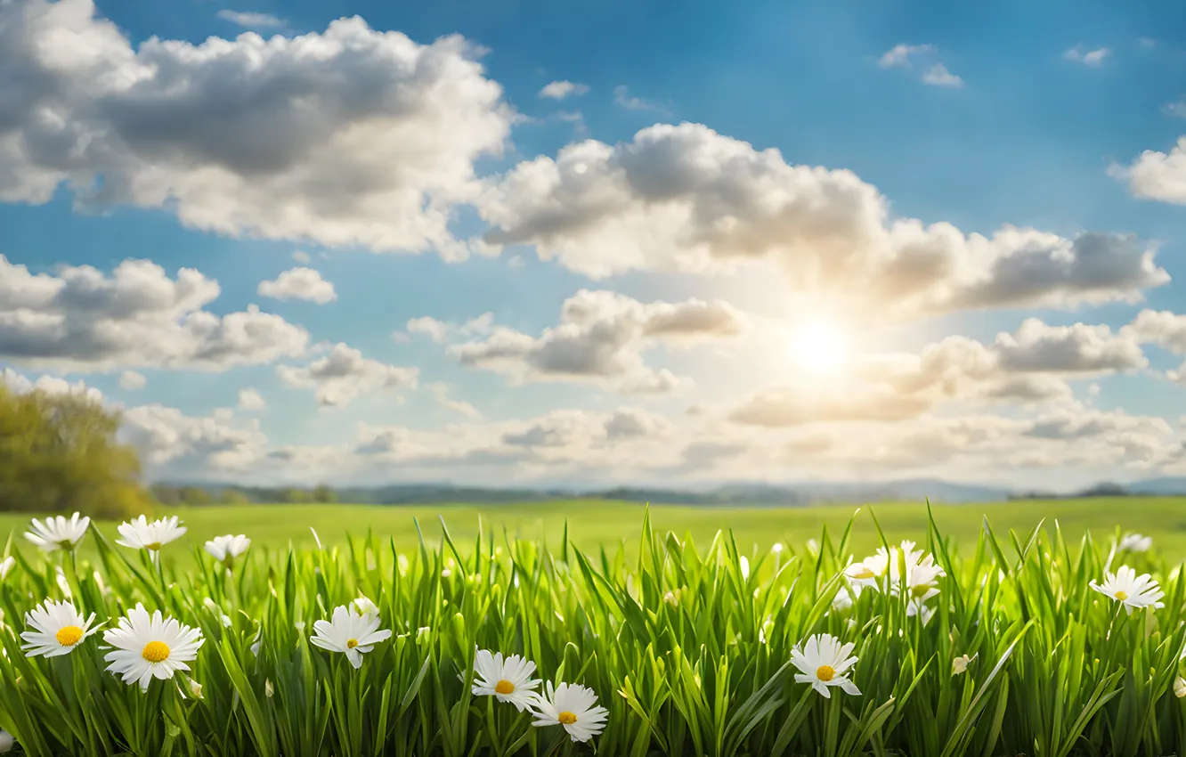 Photo wallpaper field, flowers, chamomile, spring, sunshine, flowering, blossom, flowers