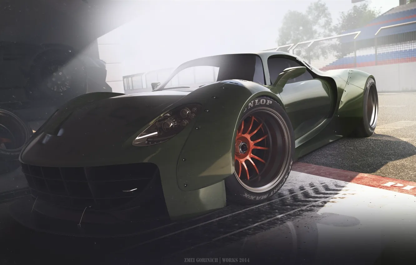 Photo wallpaper Concept, Porsche, Car, Race, Front, 918, Wheels, Garage