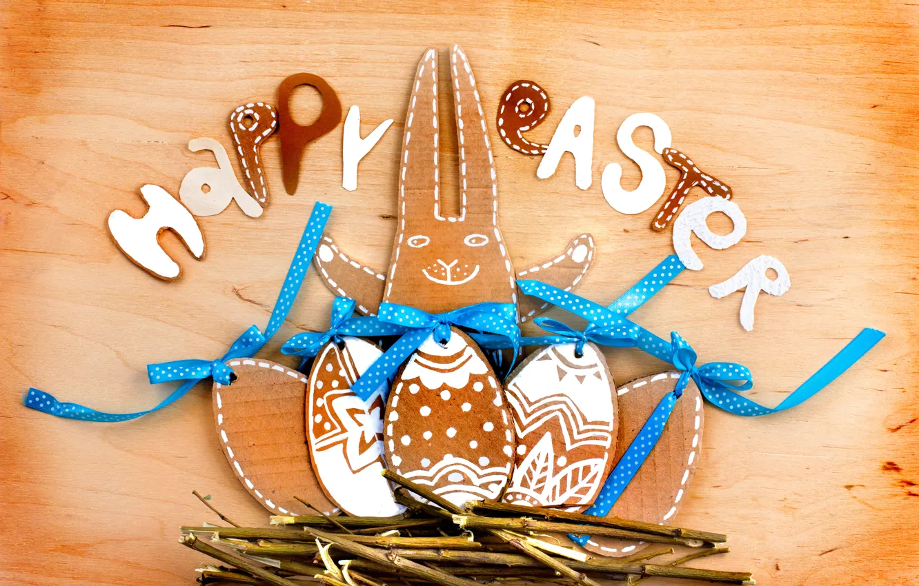 Photo wallpaper trees, branches, holiday, the inscription, hare, eggs, Easter, socket