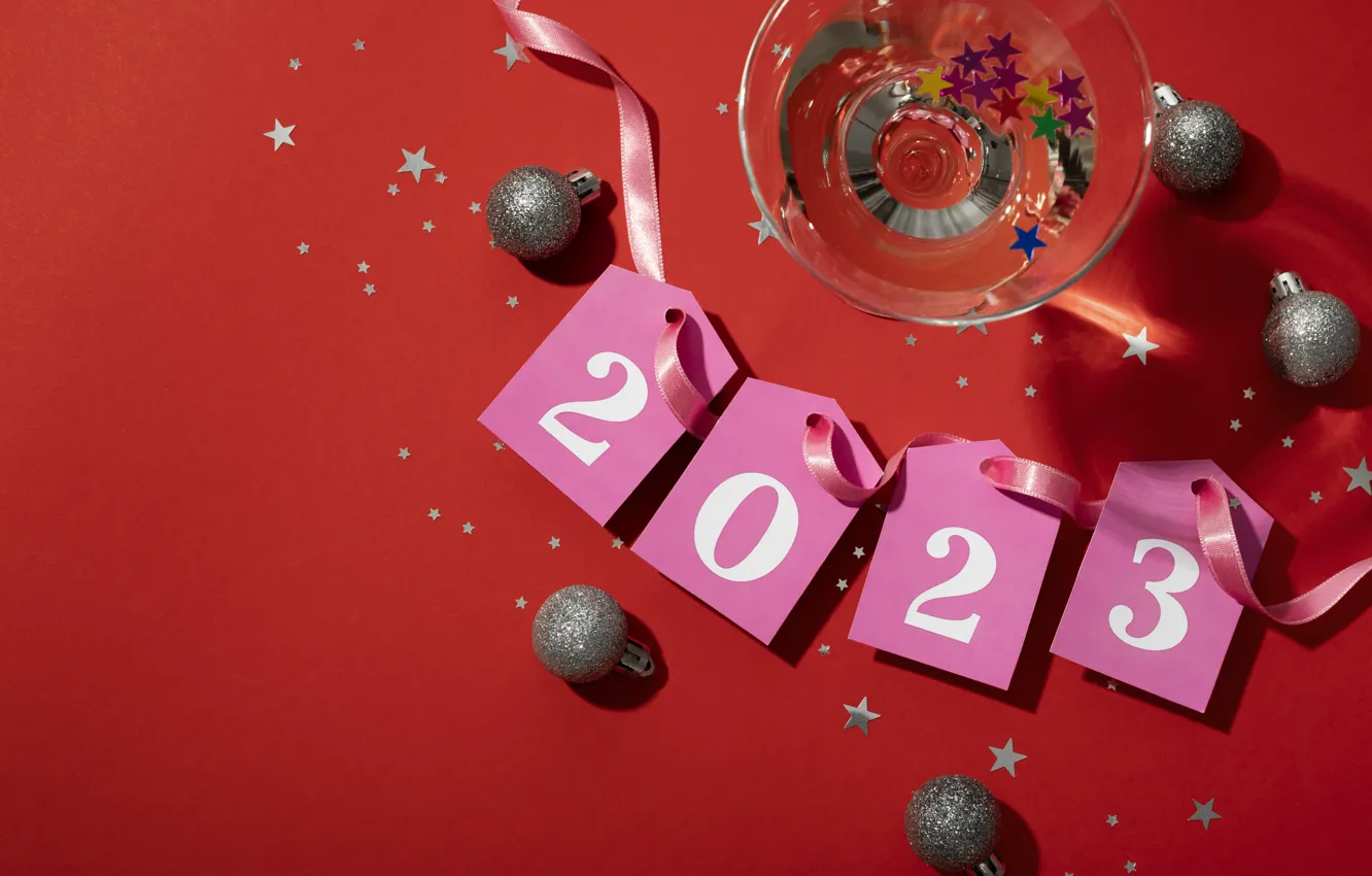 Photo wallpaper balls, holiday, wine, glass, figures, tape, New year, pink