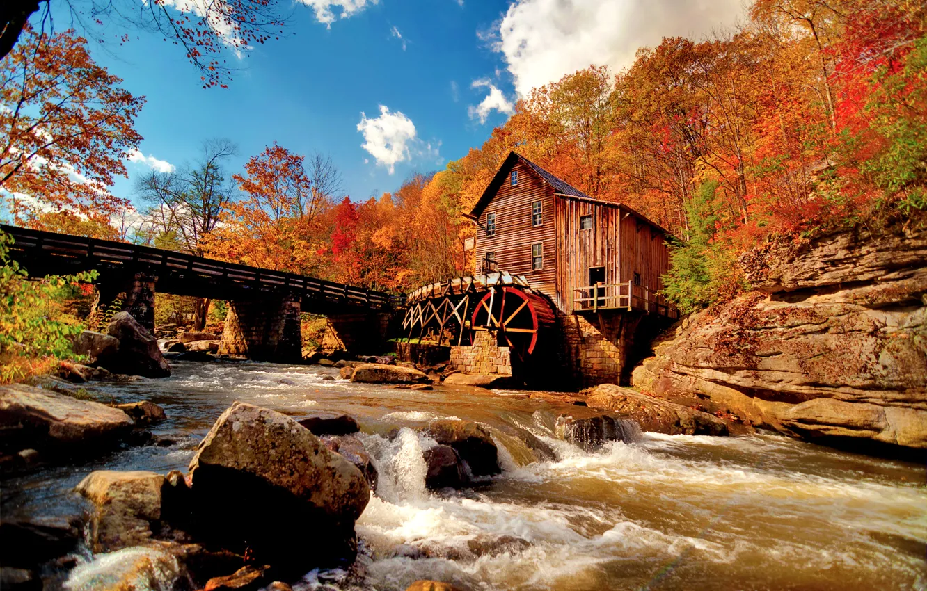 Photo wallpaper autumn, the sky, clouds, nature, river, stones, stream, water mill