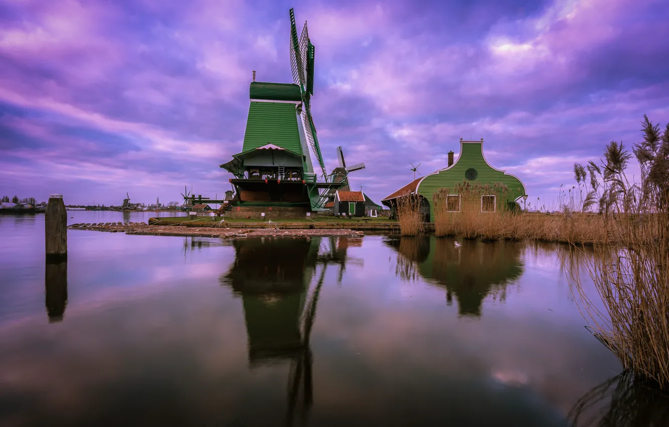 Photo wallpaper house, channel, Netherlands, windmill, The Zaanse Schans