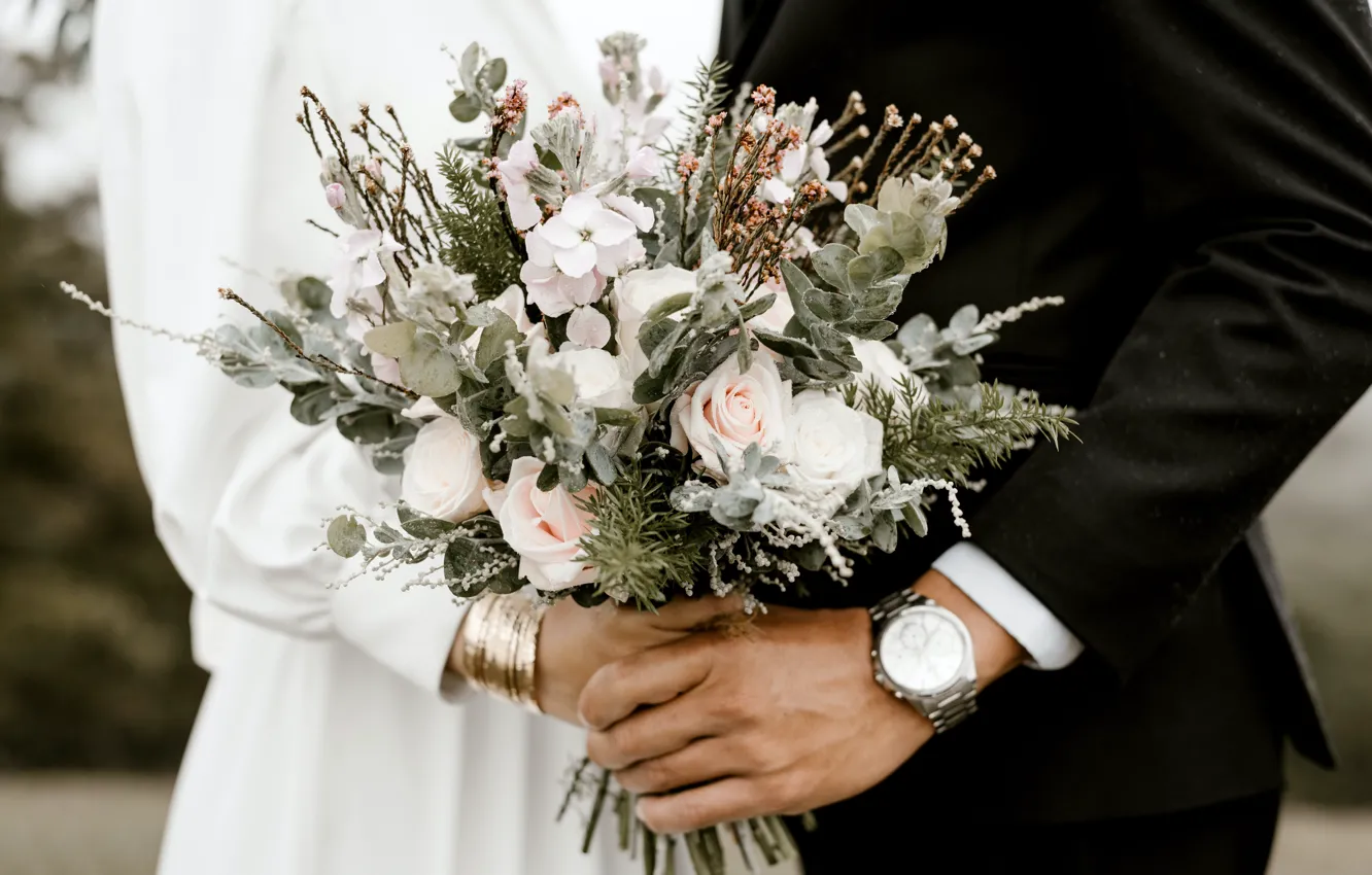 Photo wallpaper watch, bracelets, a bouquet of flowers, wedding, celebration, blurred background, the bride and groom