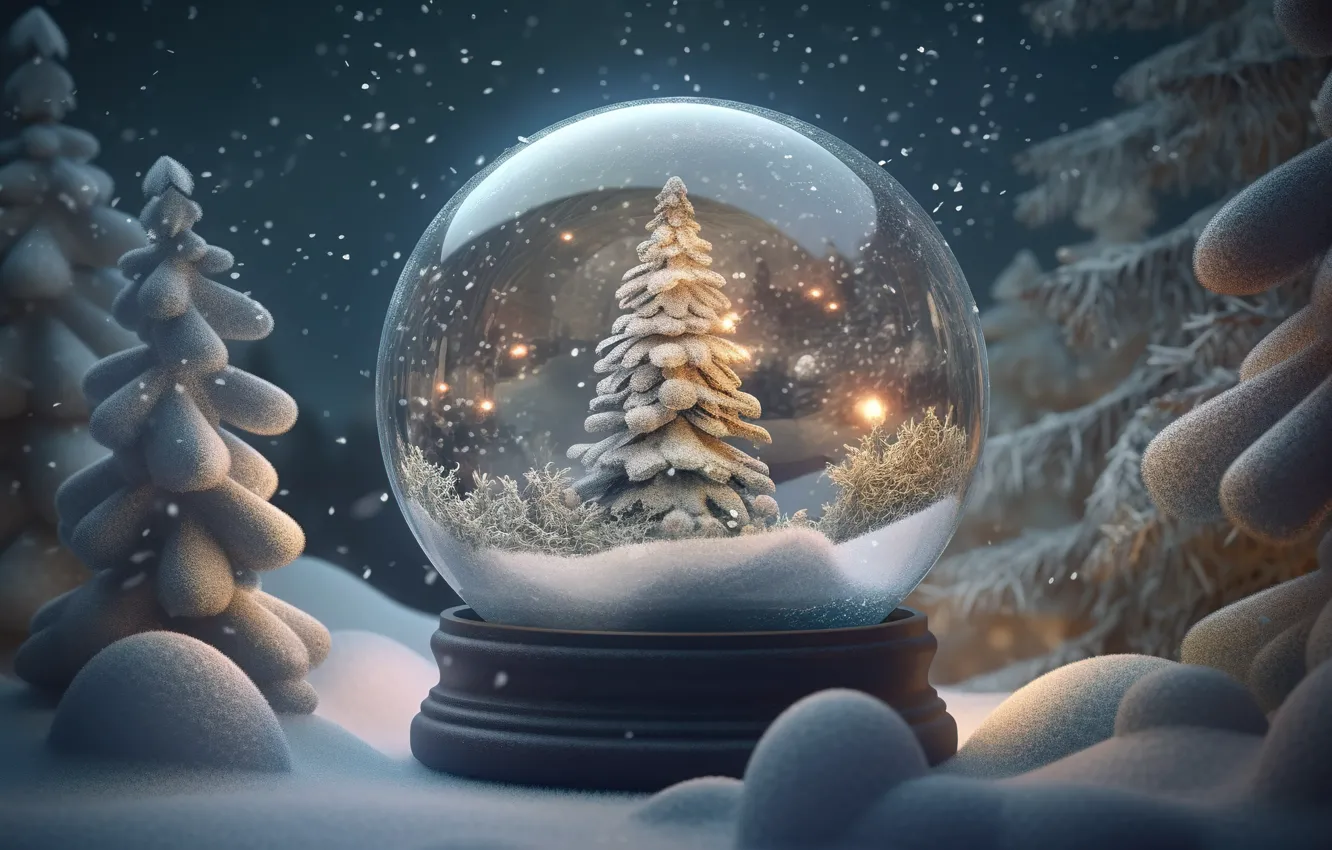 Photo wallpaper winter, forest, snow, night, lights, tree, ball, New Year