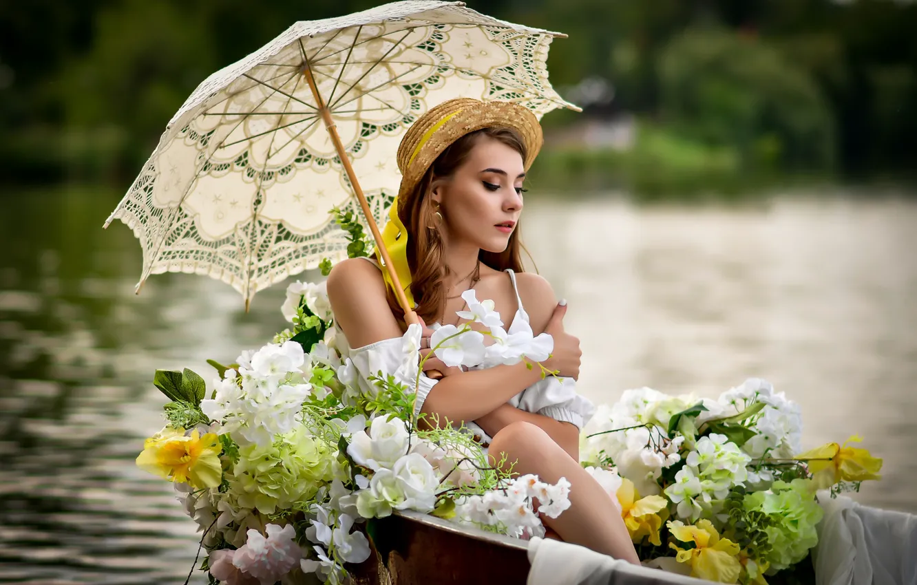 Photo wallpaper girl, flowers, pose, umbrella, mood, boat, hat, Anastasia Mazzei (Don)