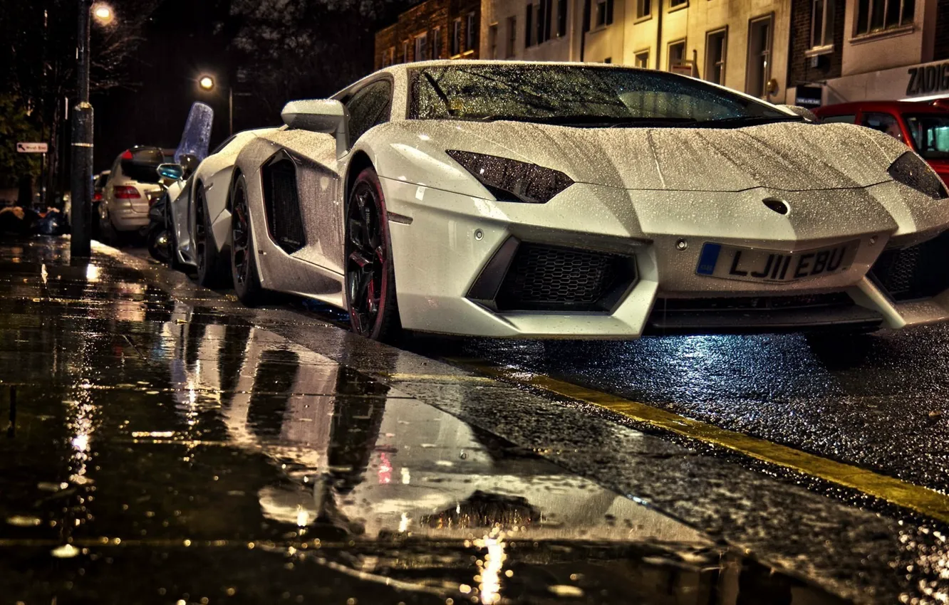 Photo wallpaper Street, White Aventador, Lamborghini Aventador under rain at night, Aventador in Street, Two Lamborghini, Aventaror, …