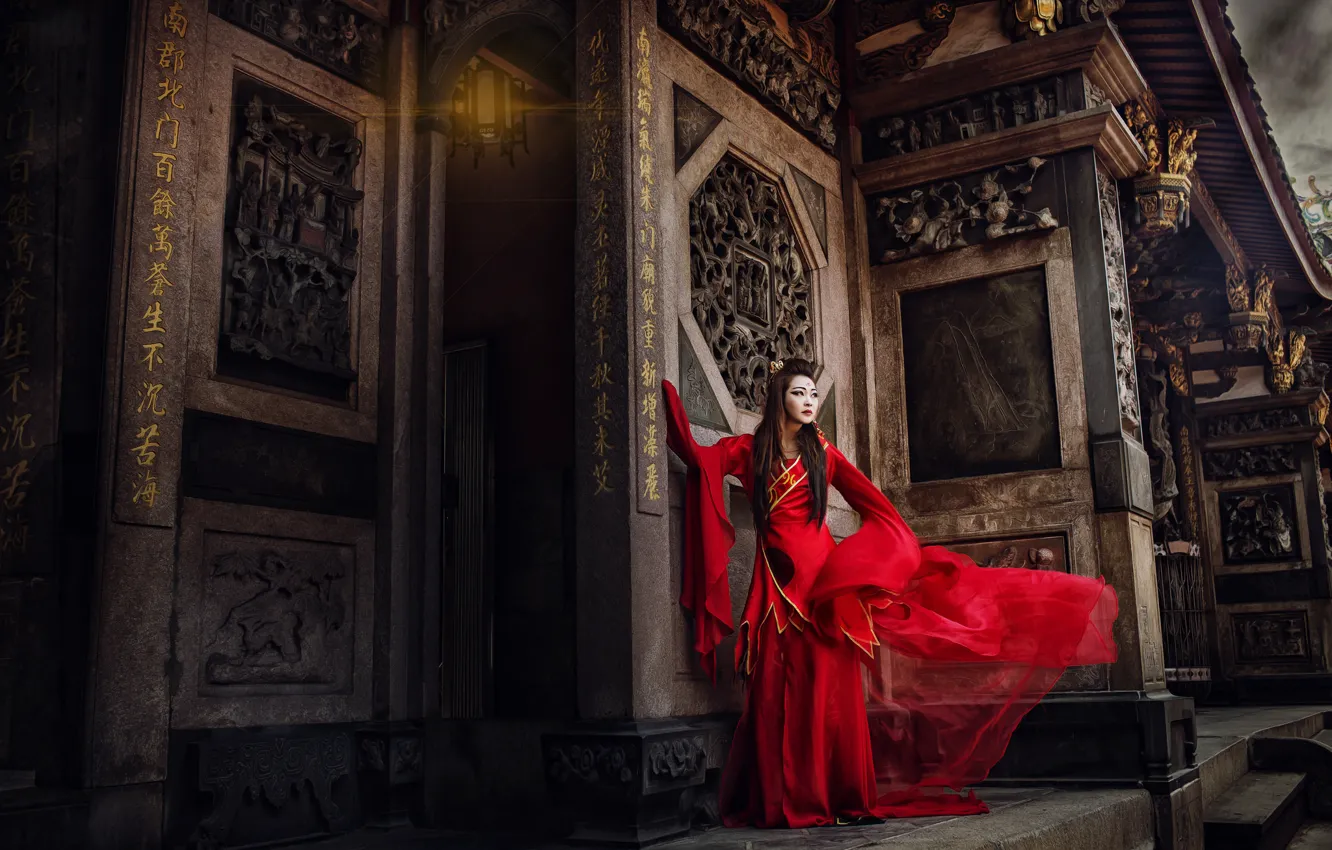 Photo wallpaper style, dress, Asian, red dress