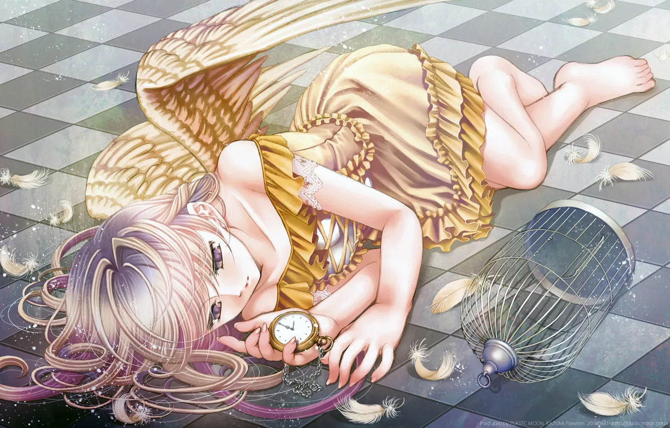 Photo wallpaper girl, watch, angel, cell, feathers