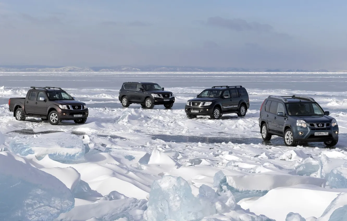 Photo wallpaper the sky, snow, lake, ice, Baikal, jeep, Nissan, SUV