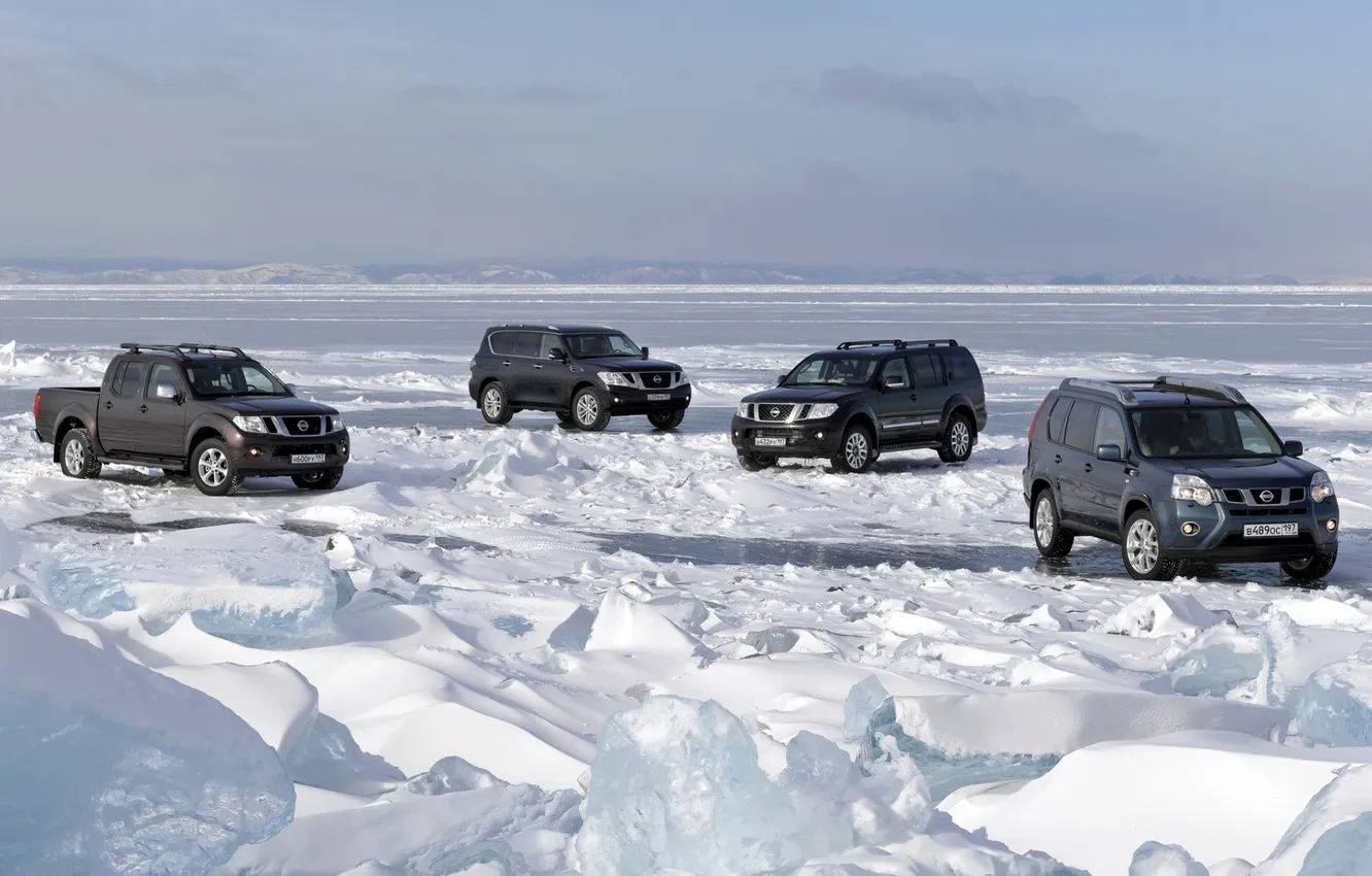 Photo wallpaper ice, the sky, snow, lake, Baikal, jeep, SUV, Nissan