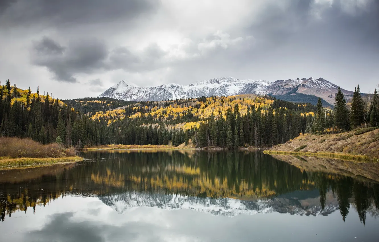 Photo wallpaper autumn, forest, mountains, lake