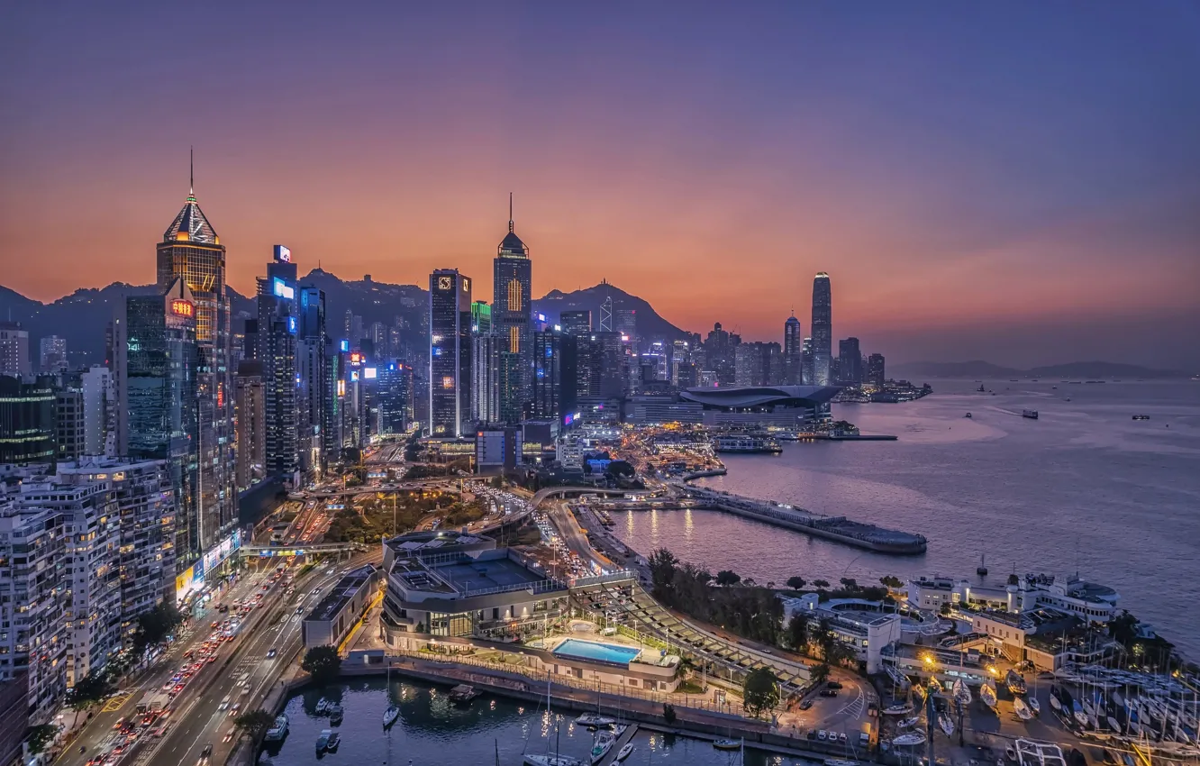Photo wallpaper sunset, building, home, Hong Kong, Bay, night city, skyscrapers, Hong Kong