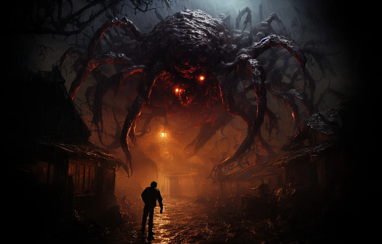 Photo wallpaper night, street, people, monster, spider, horror