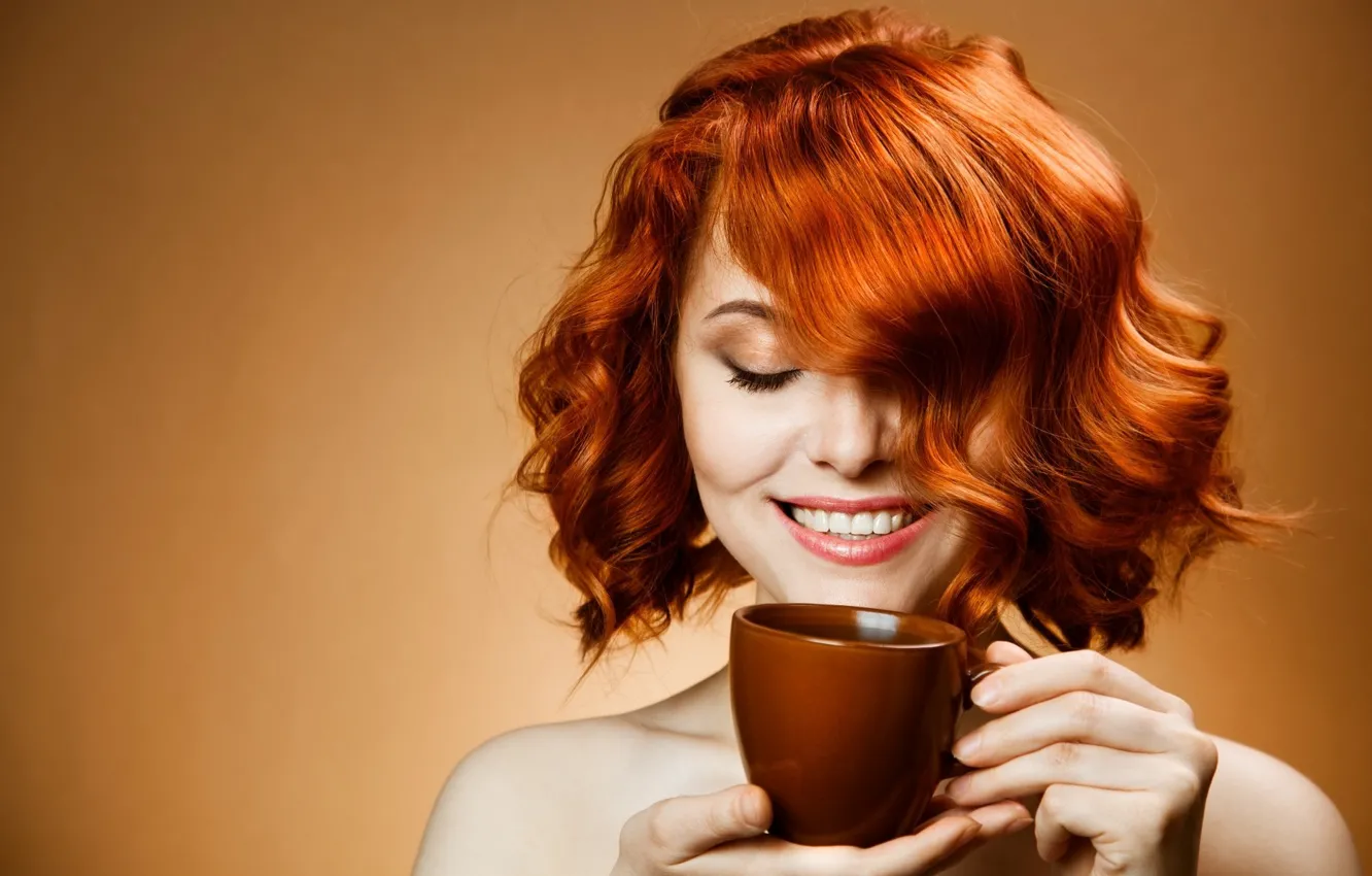 Photo wallpaper girl, smile, coffee, morning, red