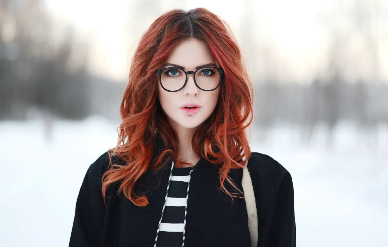 Photo wallpaper Girl, Look, Glasses, Model, Girl, Red, Model, Beauty