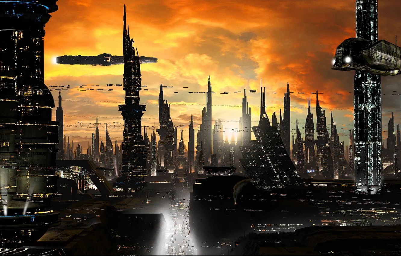 Photo wallpaper road, clouds, the city, lights, future, ship, building, tower