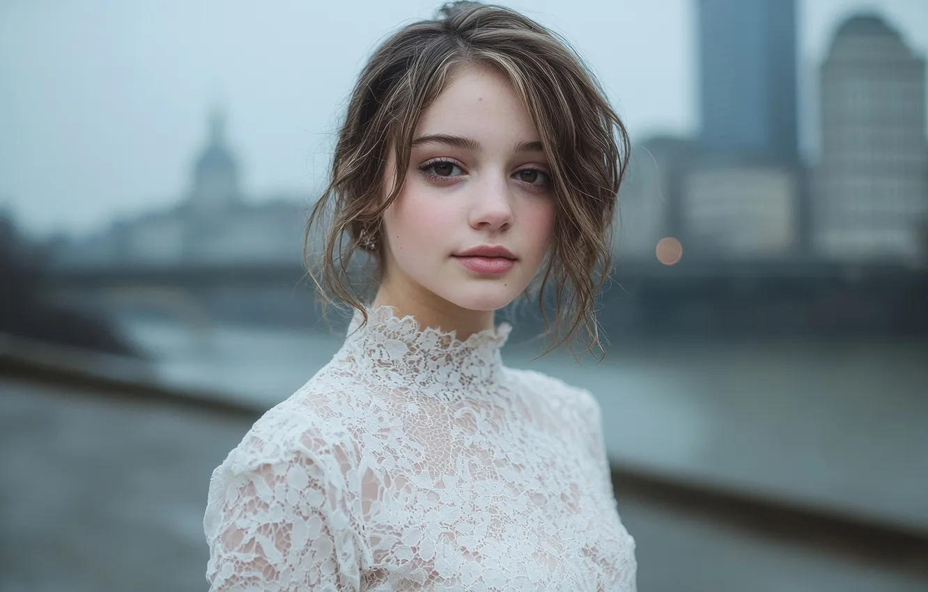Photo wallpaper look, girl, face, the city, overcast, building, portrait, hairstyle