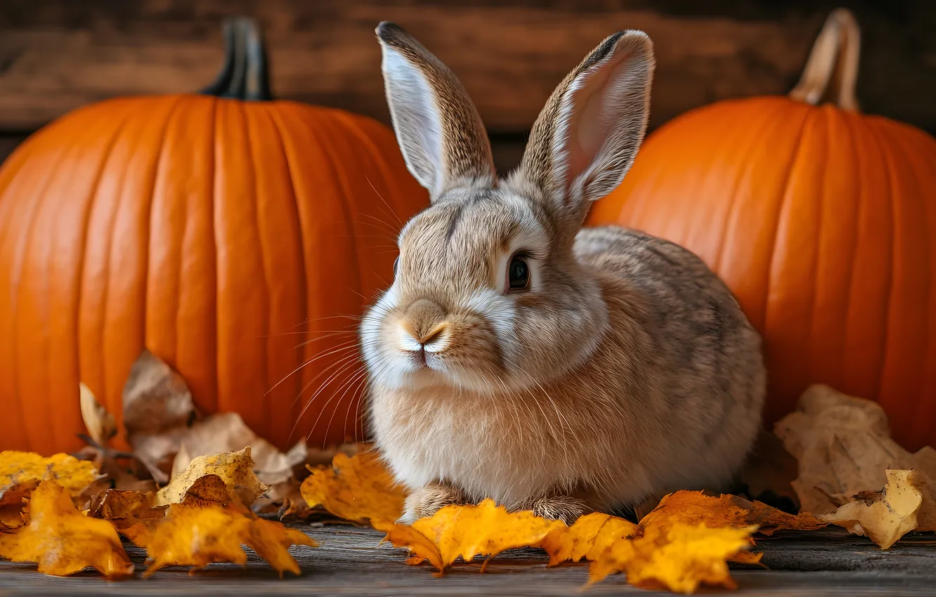 Photo wallpaper autumn, grey, hare, rabbit, pumpkin, autumn leaves, AI art, neural network
