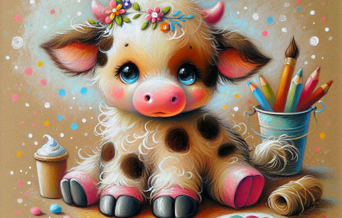 Photo wallpaper styling, cows, calf, AI art, neural network
