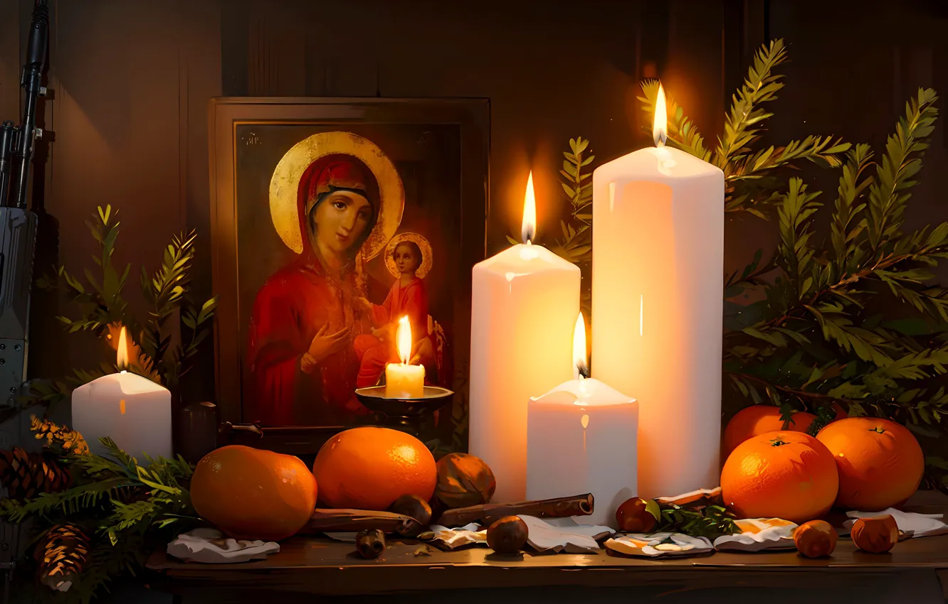 Photo wallpaper new year, candles, art, Christmas, machine, Russia, icon, tangerines