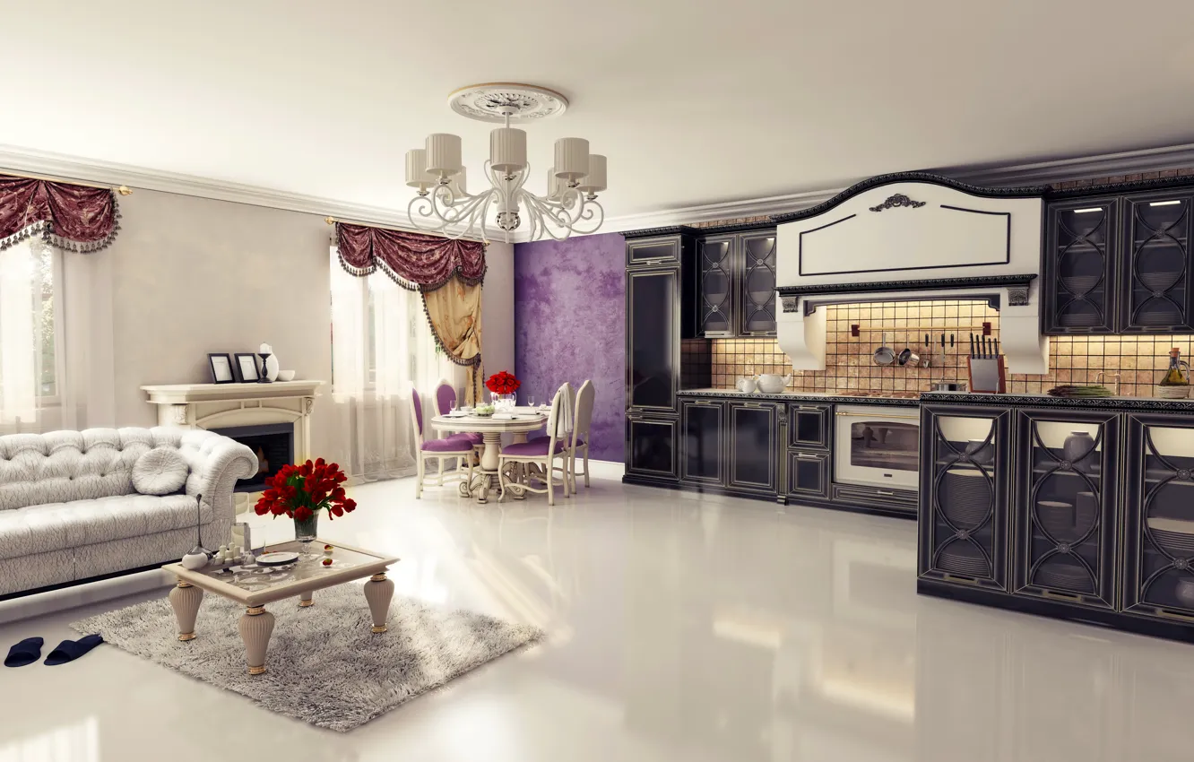 Photo wallpaper design, table, sofa, furniture, Villa, interior, kitchen, curtains