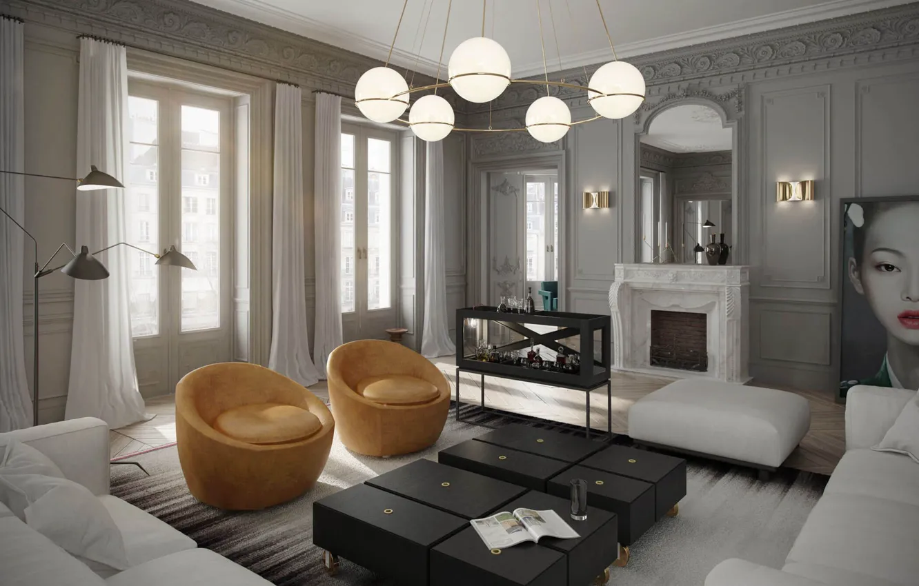 Photo wallpaper interior, fireplace, living room, Apartment in Paris, by ART BURO