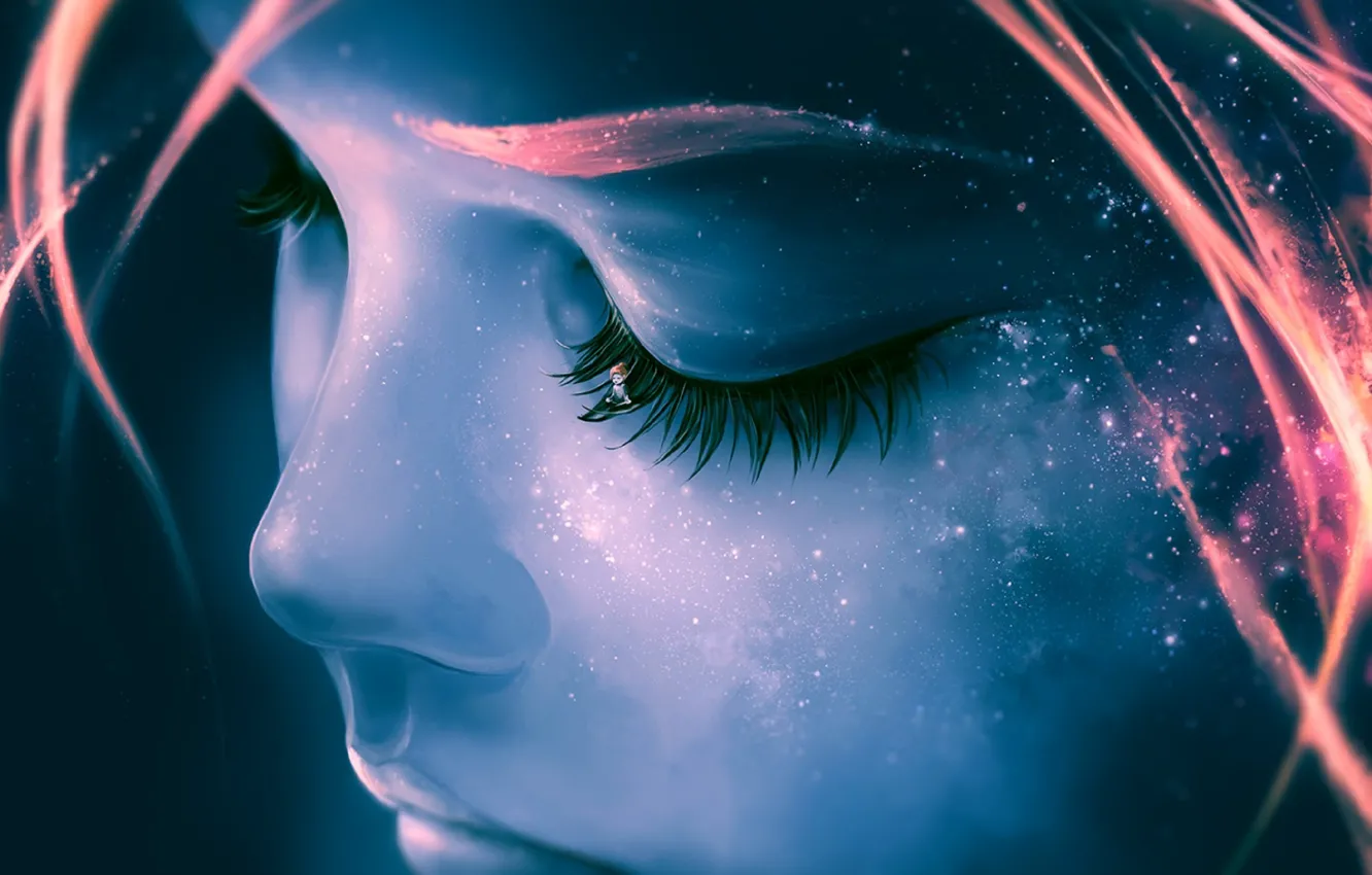 Photo wallpaper the sky, girl, space, stars, face, eyelashes, galaxy, girl