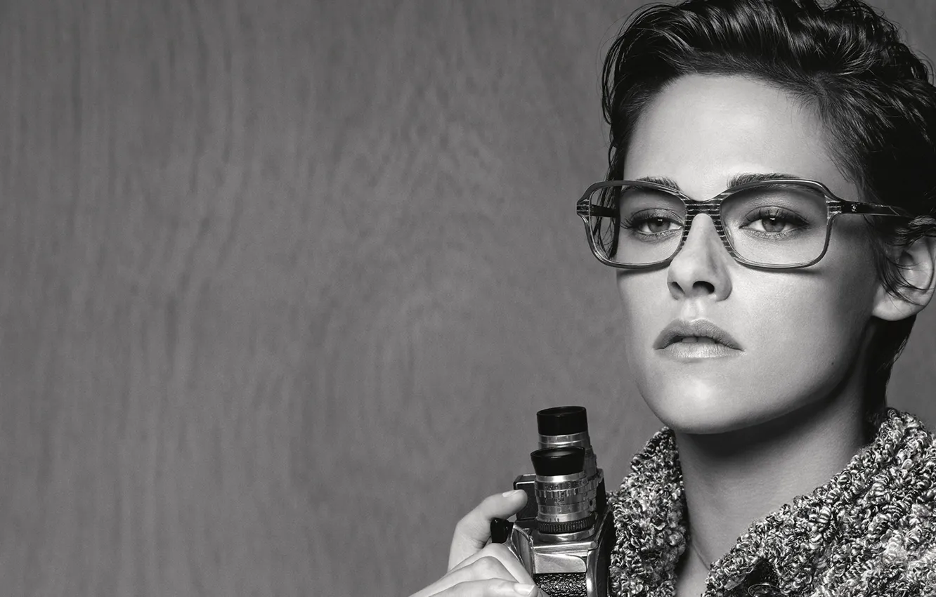 Photo wallpaper look, actress, glasses, hairstyle, photographer, black and white, Kristen Stewart, Kristen Stewart