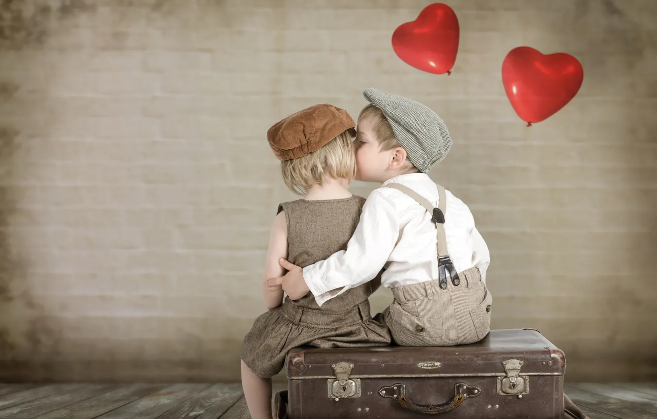 Photo wallpaper children, kiss, boy, girl, hearts
