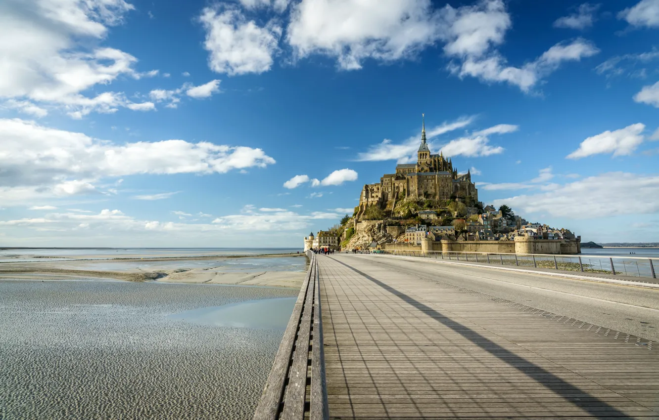 Photo wallpaper the sky, clouds, France, fortress, normandy, The Mont Saint-Michel