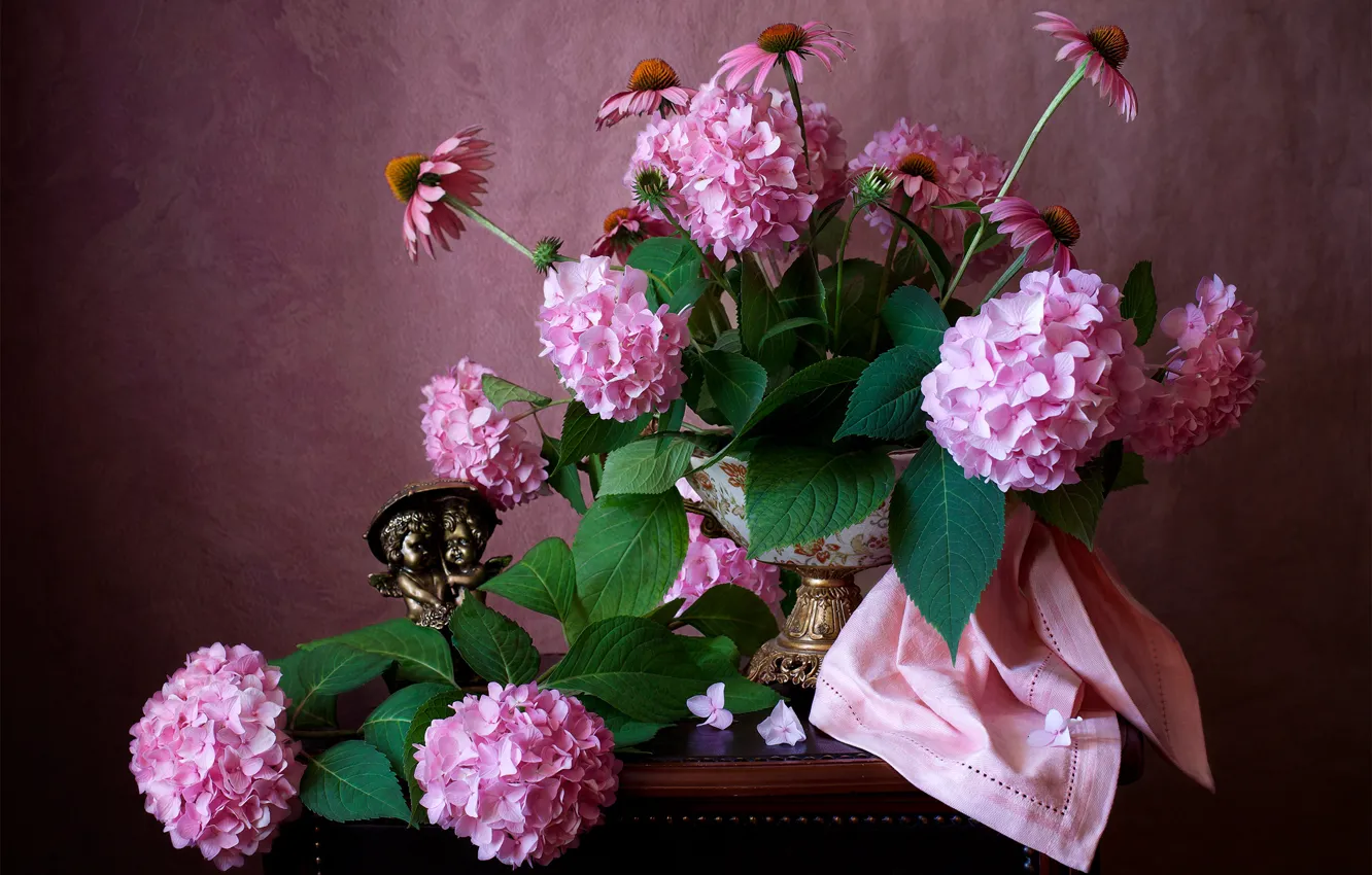 Photo wallpaper leaves, flowers, table, wall, towel, bouquet, vase, figurine