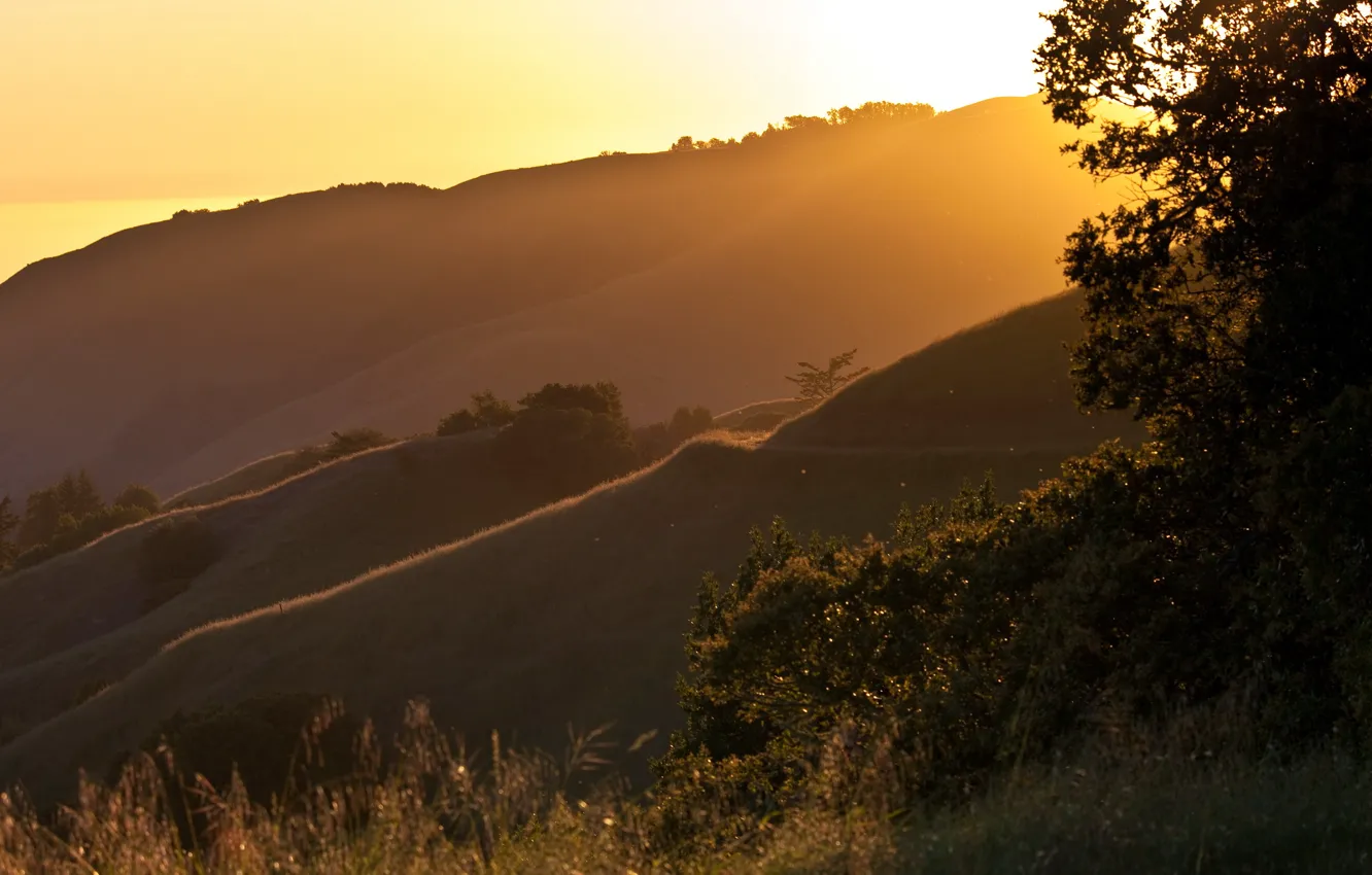 Photo wallpaper light, landscape, sunset, mountains, nature