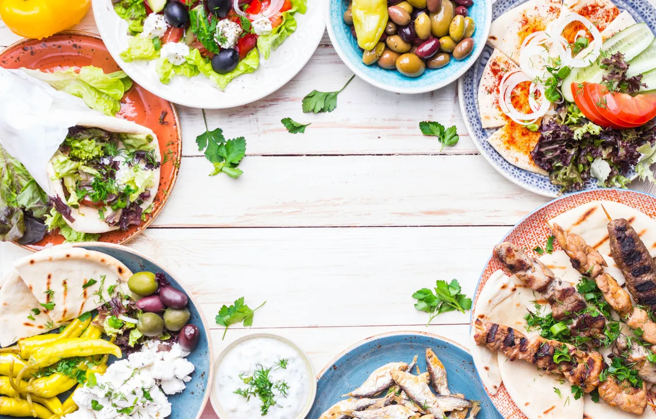 Photo wallpaper fish, meat, vegetables, olives, salad, cuts, pita, kebab