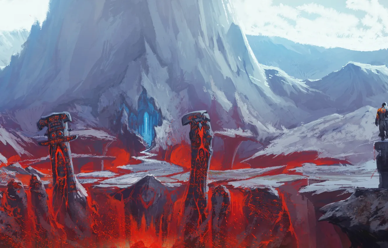 Photo wallpaper mountains, people, fantasy, art, lava, statue, spear, cave