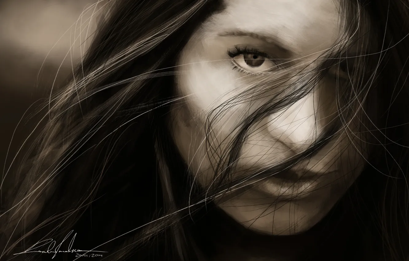 Photo wallpaper look, the wind, art, Sepia, drawn girl