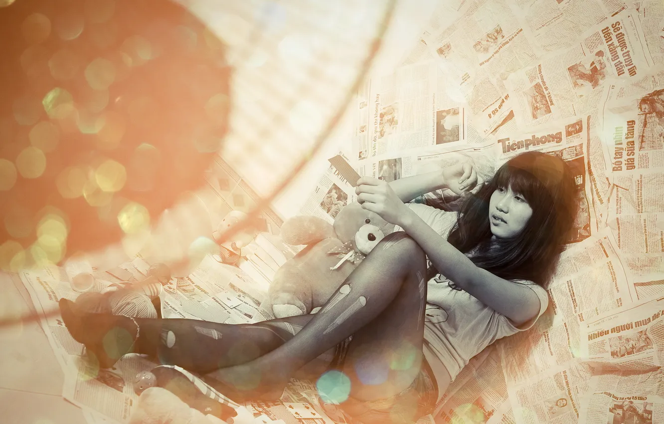 Photo wallpaper girl, style, background, newspaper