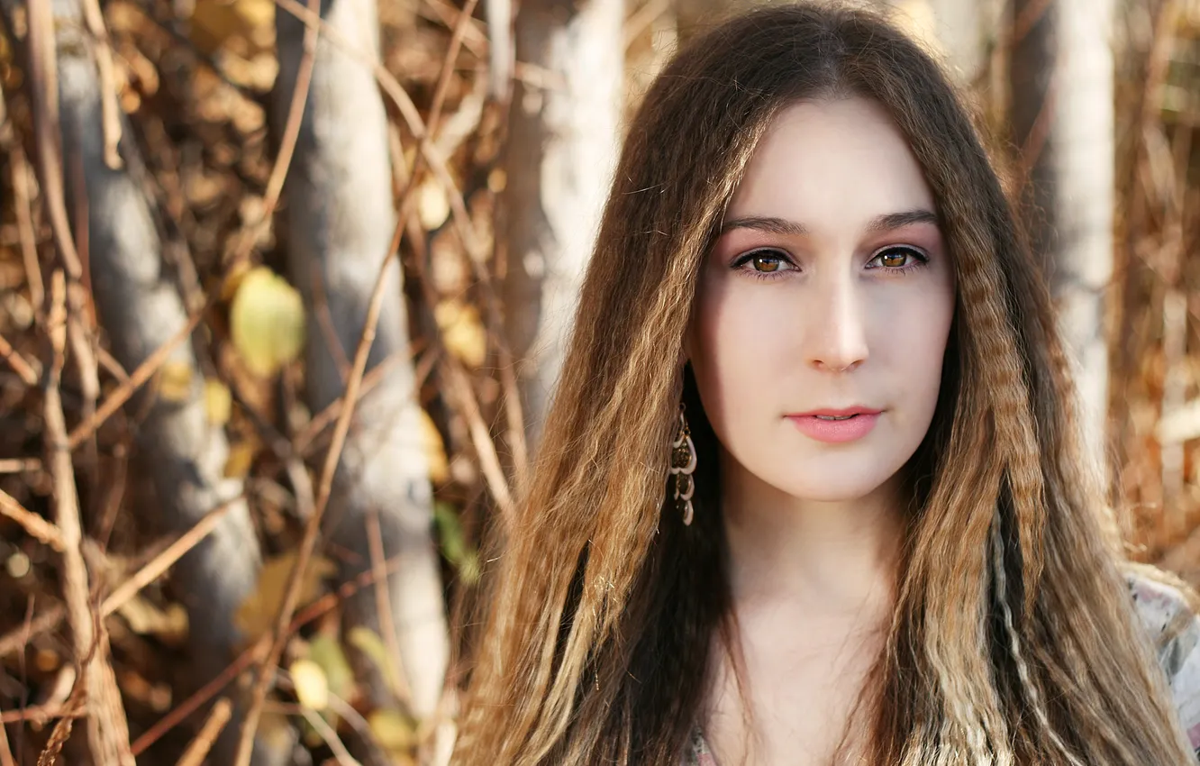 Photo wallpaper look, girl, branches, brown hair, brown-eyed