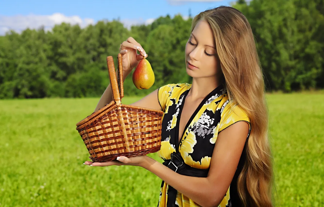 Photo wallpaper greens, summer, girl, clouds, dress, blonde, basket, pear