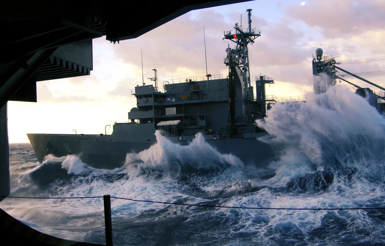 Photo wallpaper sea, wave, squirt, the ocean, ship, blow