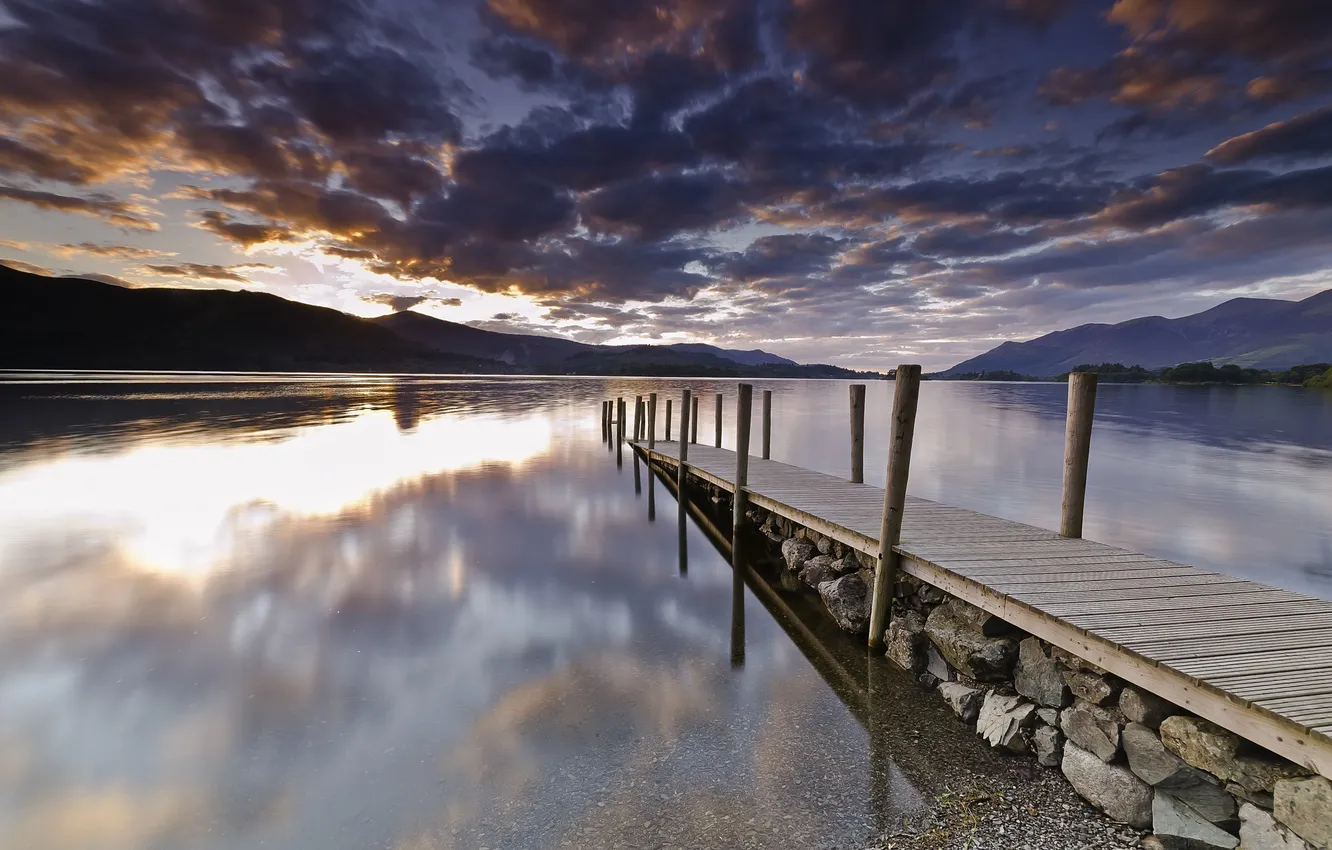 Photo wallpaper clouds, sunset, lake, hills, Board, Marina, pier, pierce